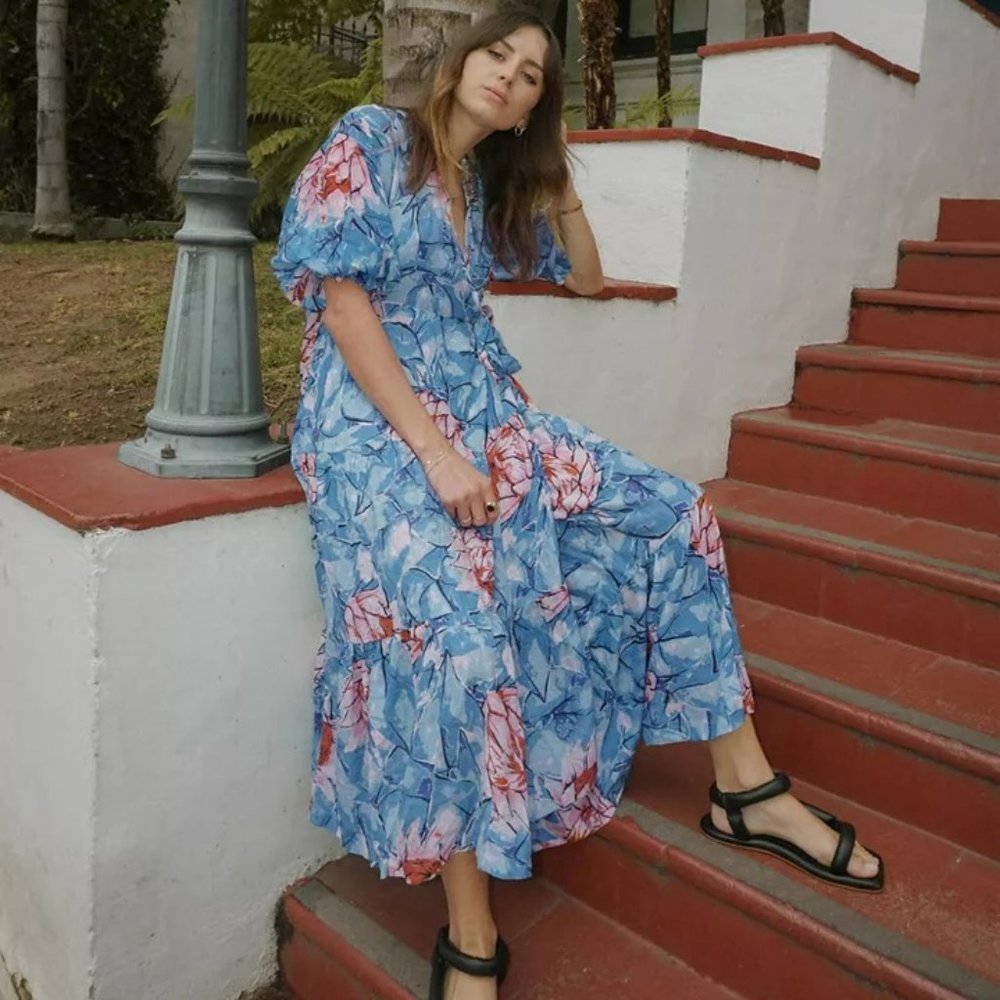 UO Retro Boho Giovanna Floral Wrap Midi Dress